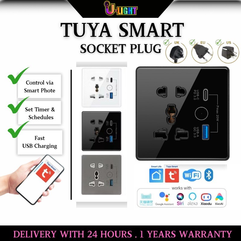 Tuya Wifi Wall Smart Socket UK Plug Tempered Glass Quick Fast Charger 3 ...