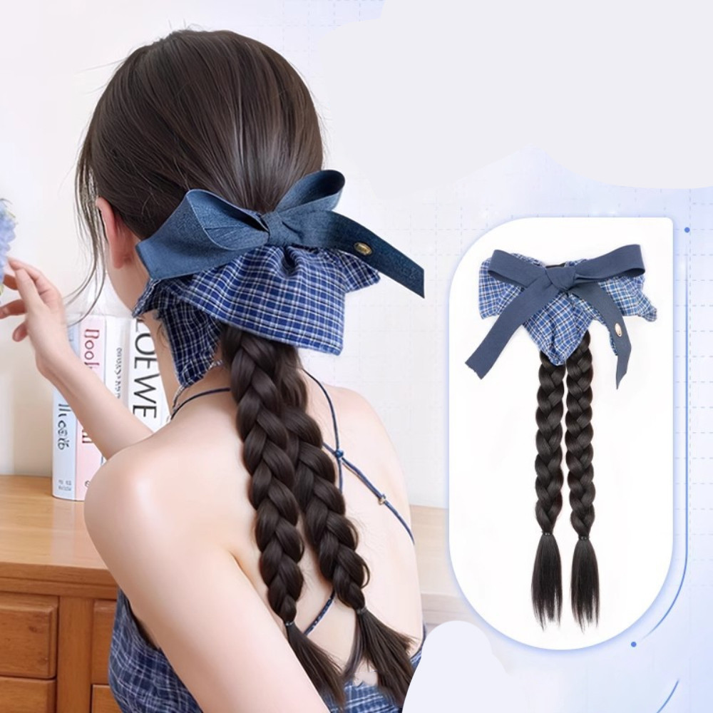 Double Twist Braid Wig Retro Blue Checkered Bow Grab Clip Female ...