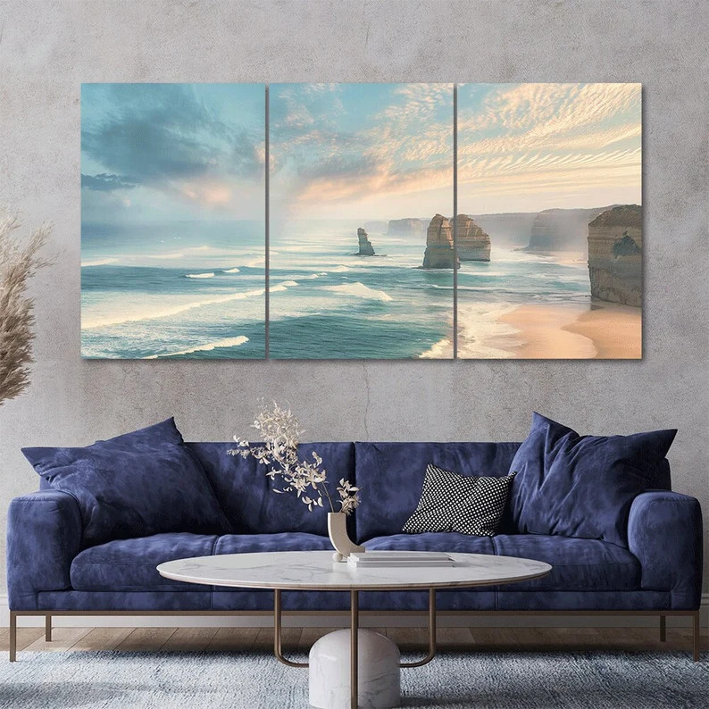 Peaceful Ocean Coastal Landscape 3 Piece Canvas Wall Art Framed Multi ...