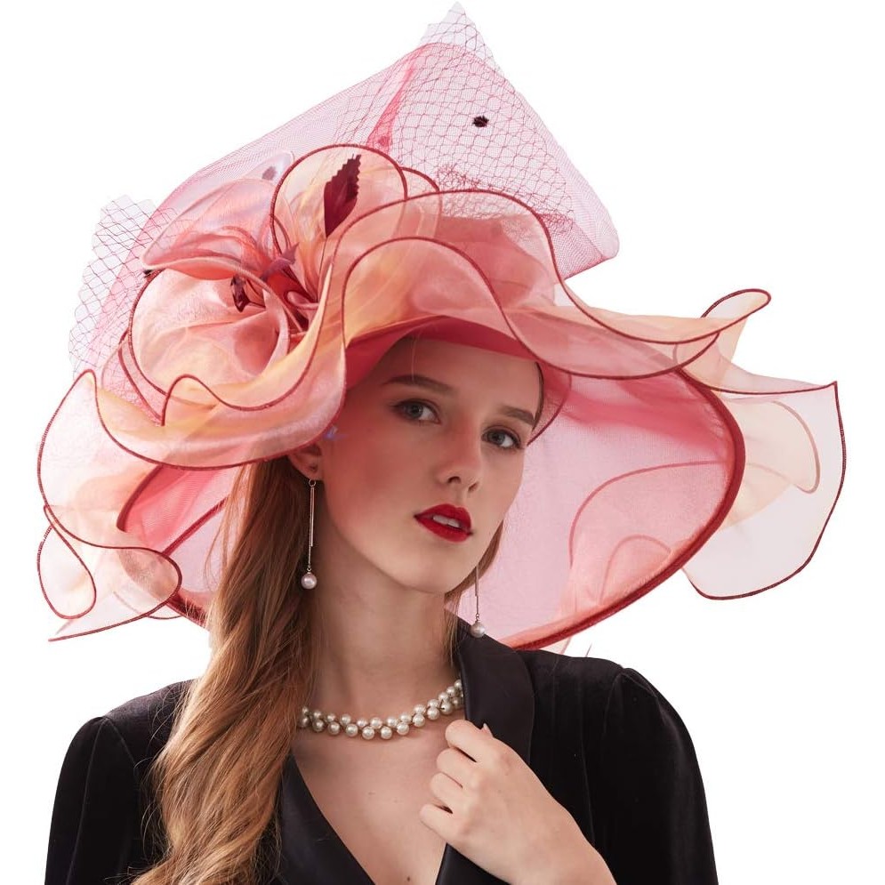 Organza Kentucky Derby Church Hat Fascinator - Wide Brim Floral Summer Sun Hat For Women
