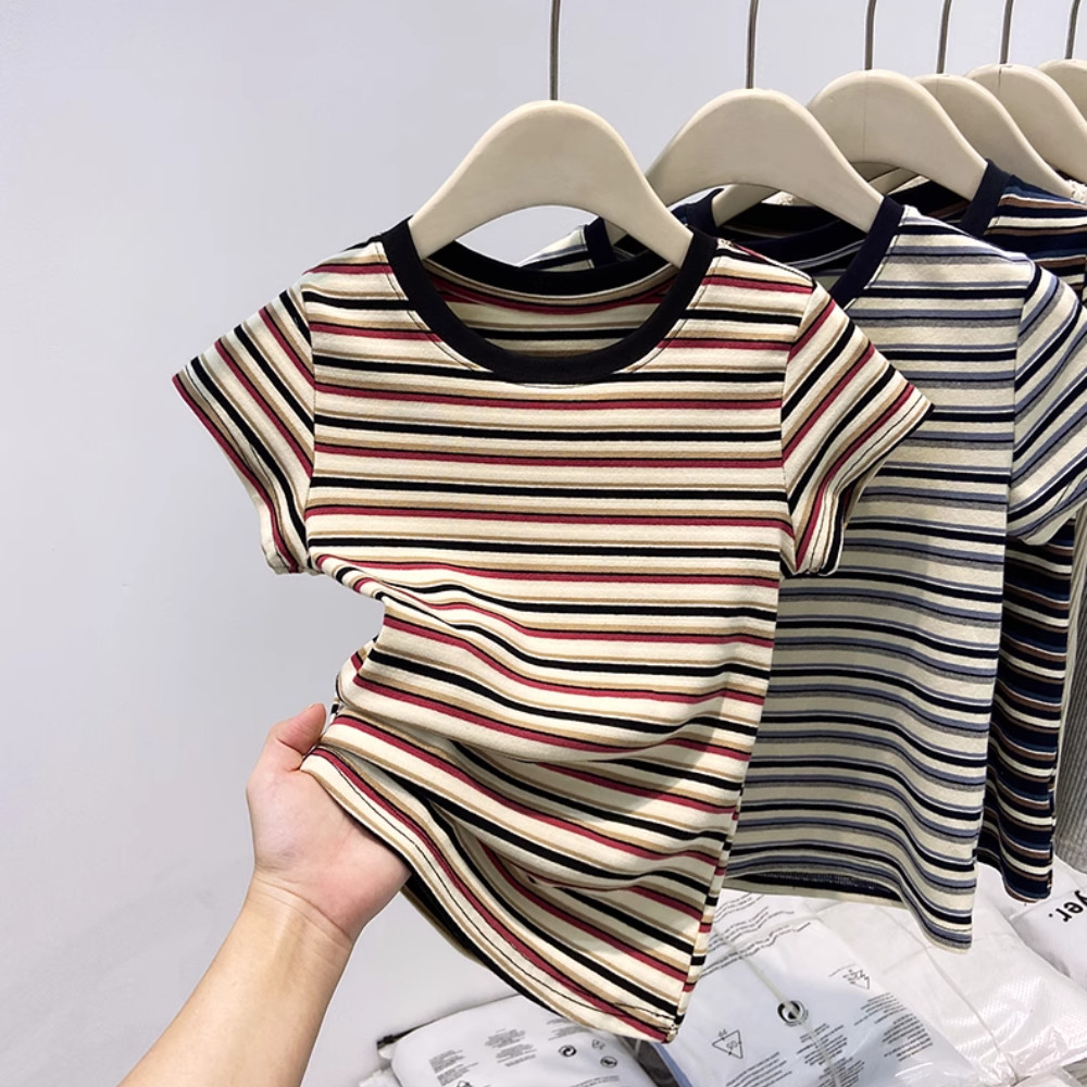 BH Summer Women's Color-Contrast Striped Soft Cotton Short-Sleeved T ...