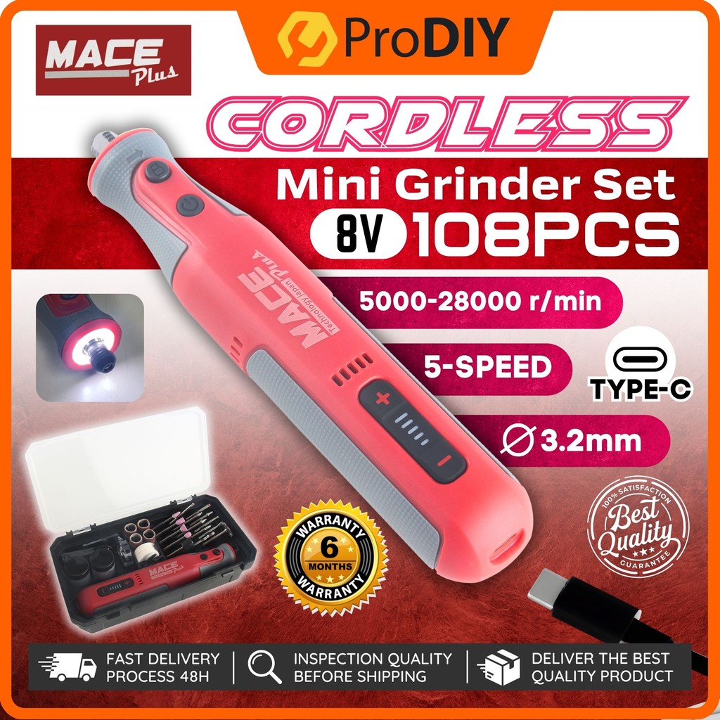 MACE MT-MG8V 108pcs Cordless Mini Grinder Set 8V 5 Speed LED Light ...