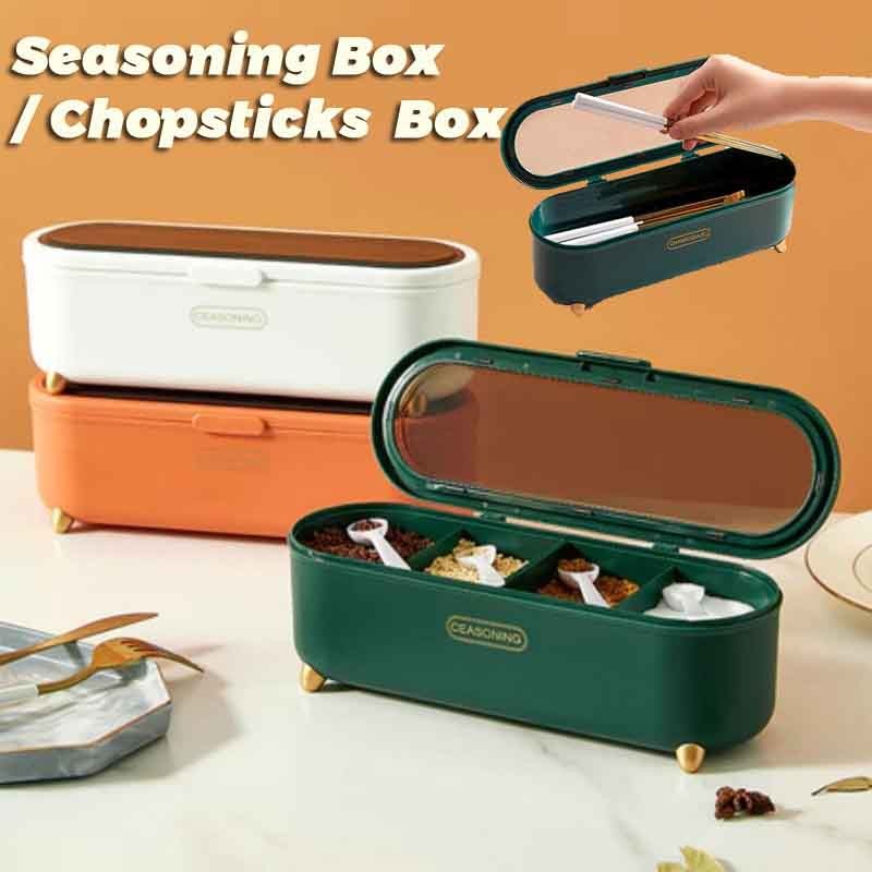 4 Grid Seasoning Box 4 IN 1 Seasoning Organizer Chopsticks Fork and ...