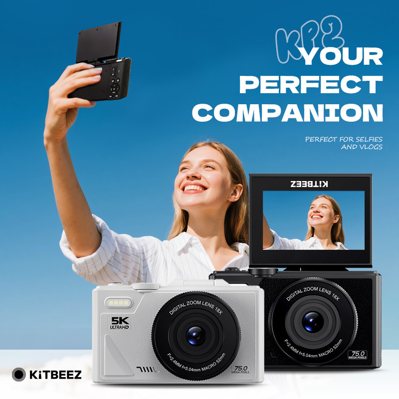 KiTBEEZ KP-2 75MP Digital Camera 5K Video 18X Zoom 180° Flip Selfie  Screen 1200mAh AF Autofocus Perfect for Vlogging, Travel Beginners