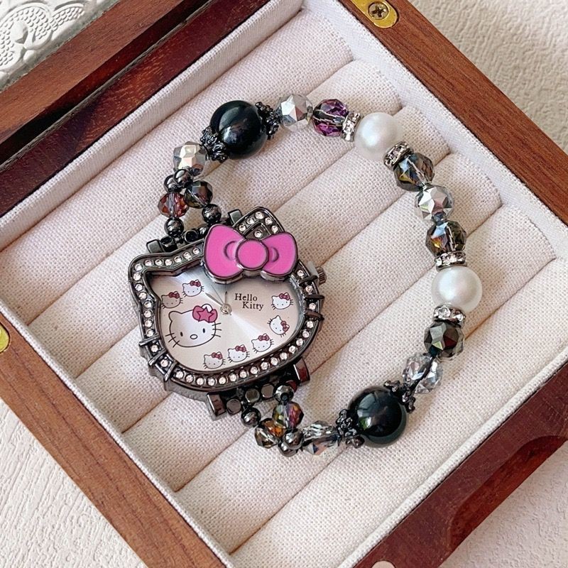 Kitty kitty Watch Cat Dial Watch Diamond Bow Pearl Obsidian Pink ...