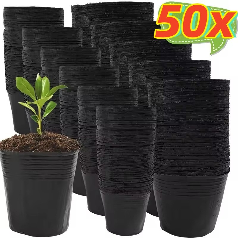 50Pcs Plastic Black Seedling Nursery Pots Seed Grow Bag Flower Plant ...