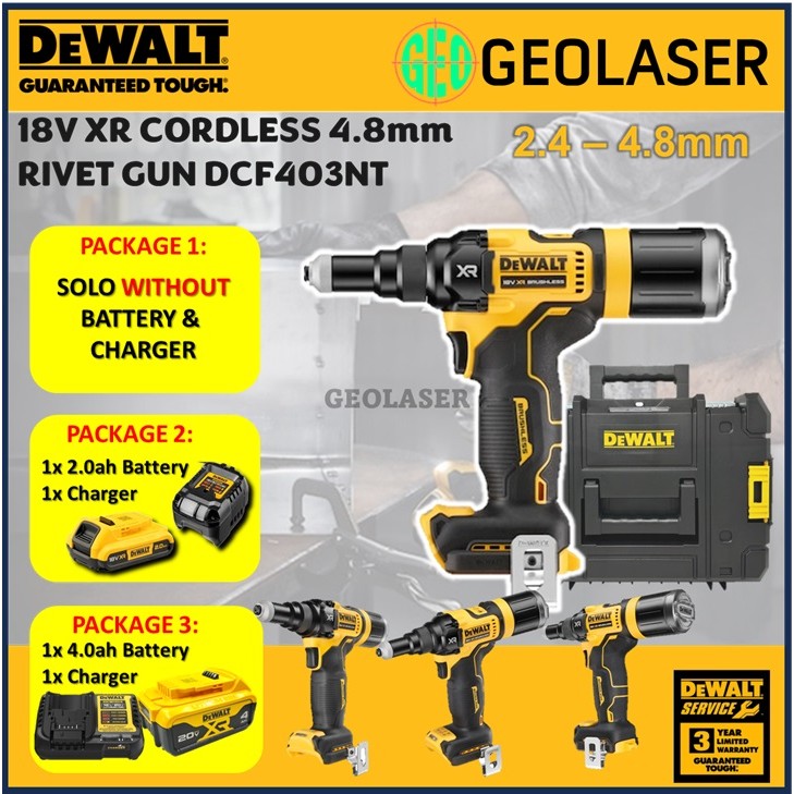 Dewalt DCF403NT-XJ 18V XR Cordless Brushless 4.8mm Rivet Gun Riveter ...