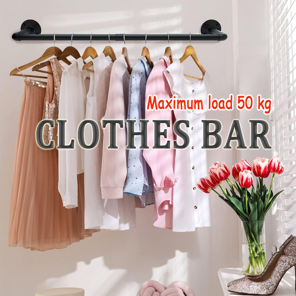 Metal Clothes Rack Wall-Mounted Hang Rack Black Iron Pipe Hanger Rack ...
