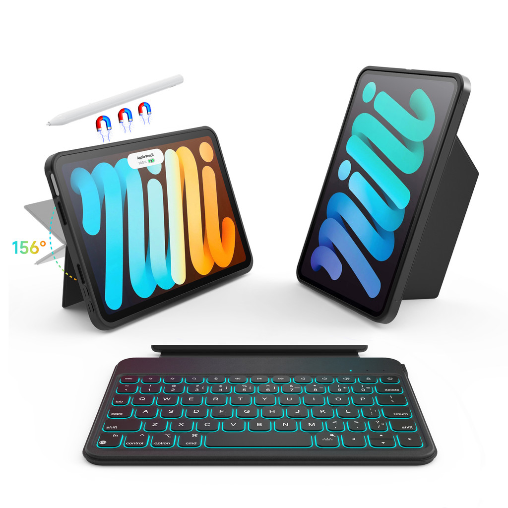 NUWONAYA Custodia per tastiera per iPad Mini 7a (A17 Pro, 2024)/Mini 6a generazione da 8,3 pollici, con mouse e tastiera magnetica rotonda staccabile, custodia sottile con portapenne, viola chiaro