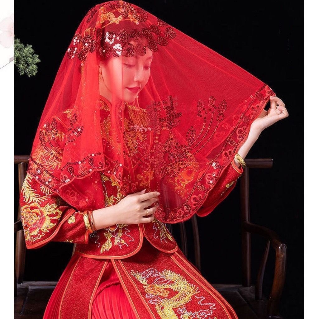 红盖头结婚新娘主婚纱中式婚礼秀禾夏季用蒙头红色喜帕半透明头纱Red Cap Wedding Bridal Master Wedding ...
