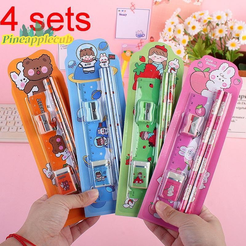 [Pineapplecub] 4 Sets Pencil Ruler Eraser Pencil Sharpener Cute Cartoon ...