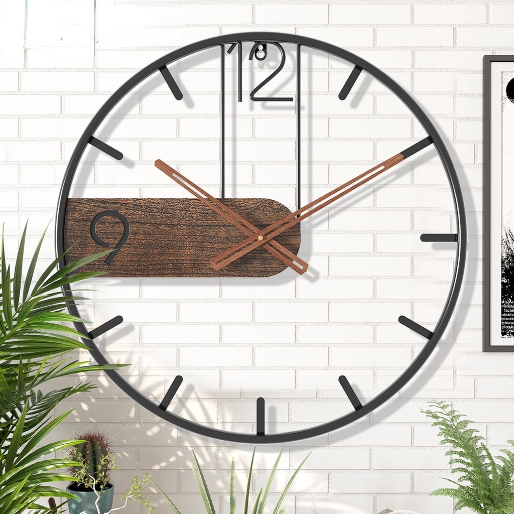 Iron Wall Clock Big Size 3D Nordic Metal Round Large Wall Watch Walnut