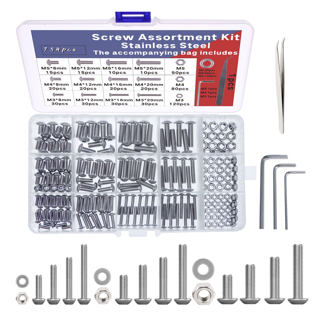754Pcs Metric Bolt Assortment,Stainless Steel Button Head Cap Screws