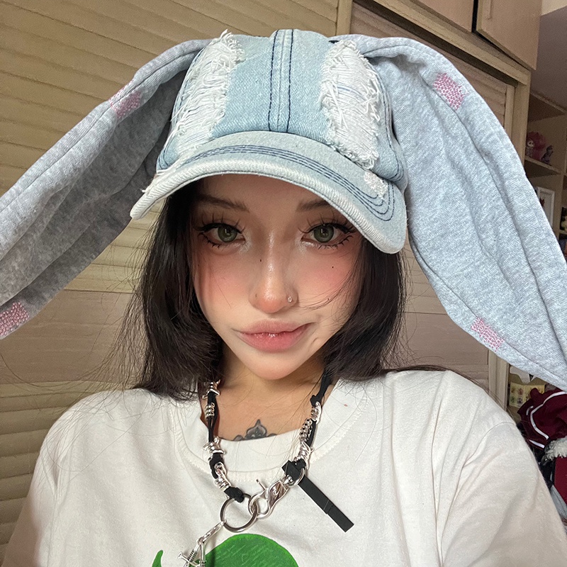 Cute Long Rabbit Ears Cowboy Peaked Cap Distressed Destruction Style ...