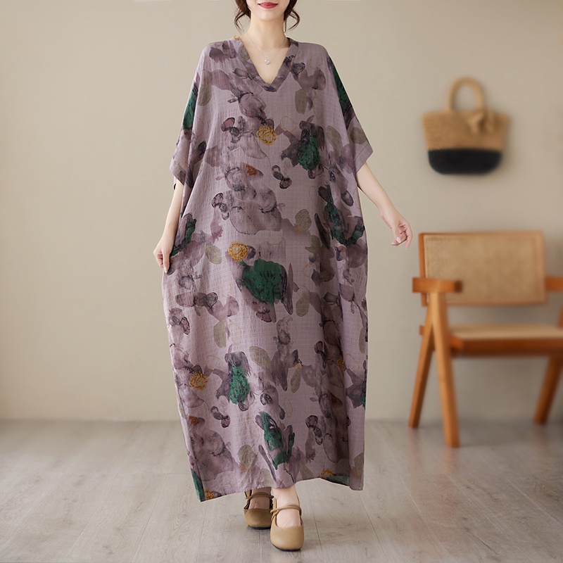 V-neck Coffee Cotton Linen Fashiom Caftan Oversized Bat Sleeve Loose ...