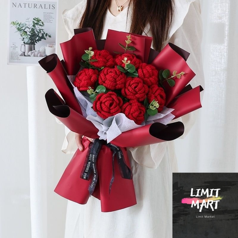 LMGift Handwoven Artificial Flower Knitted Solid Color Rose Bouquet