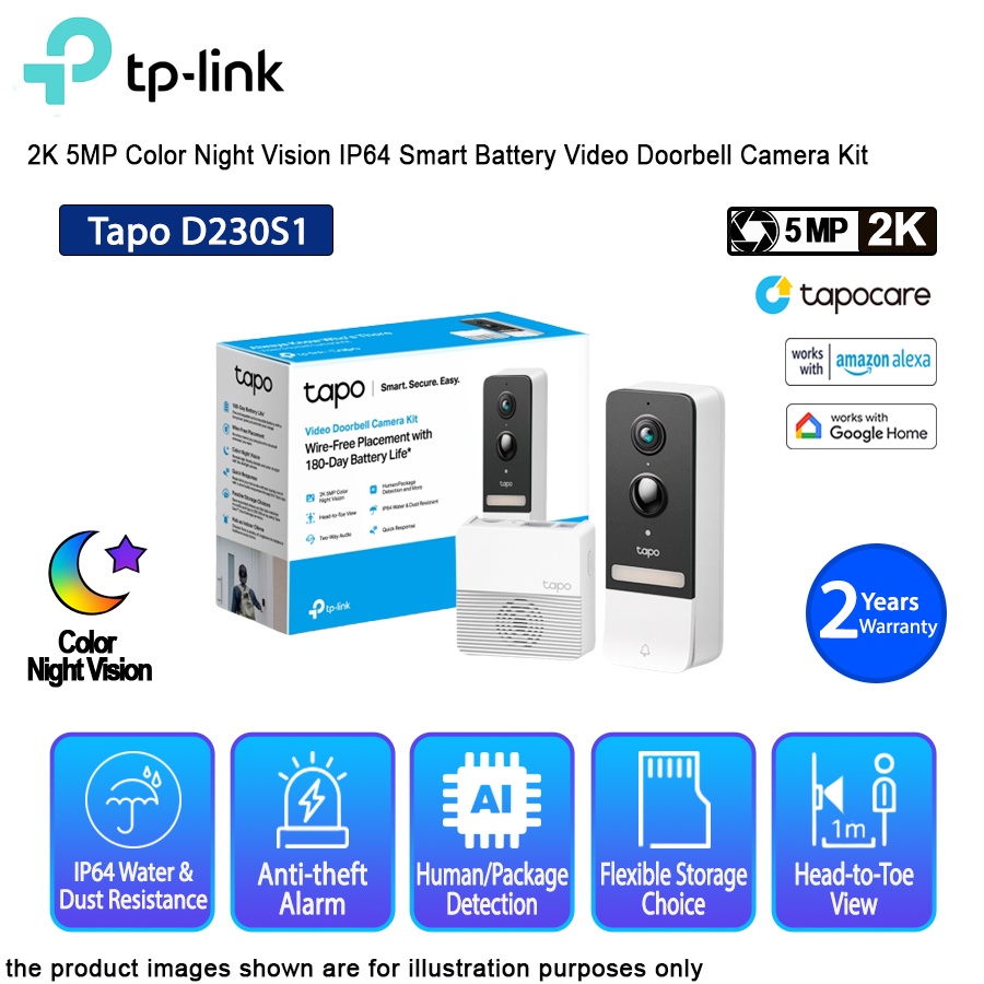 TP-Link Tapo D230S1 2K 5MP Color Night Vision IP64 Smart Battery Video ...