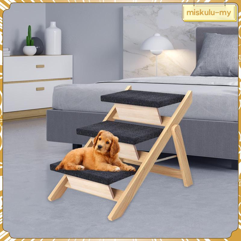 [MiskuluMY] Wooden Pet Stairs Collapsible Pet Steps Up for All Dogs And Cats Carpeted Dog Ramp