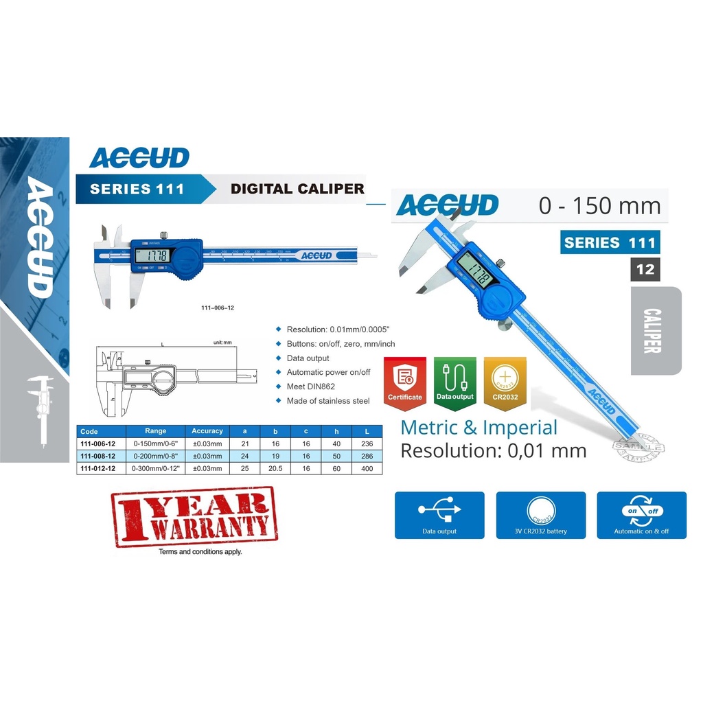 Accud 150 x 0.01mm Stainless Steel Digital Caliper (Series 111 ...