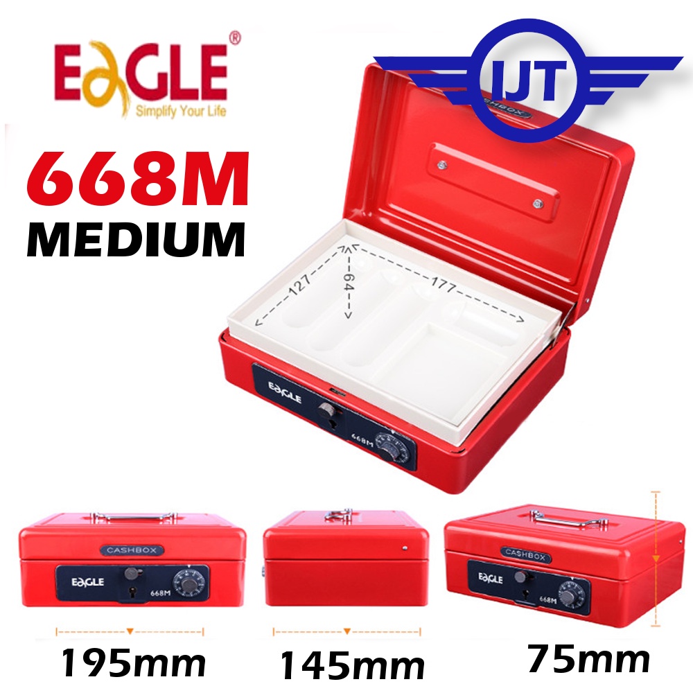 EAGLE 668M CASH BOX / PETTY CASH BOX MEDIUM KEY & NUMBER LOCK ( RED