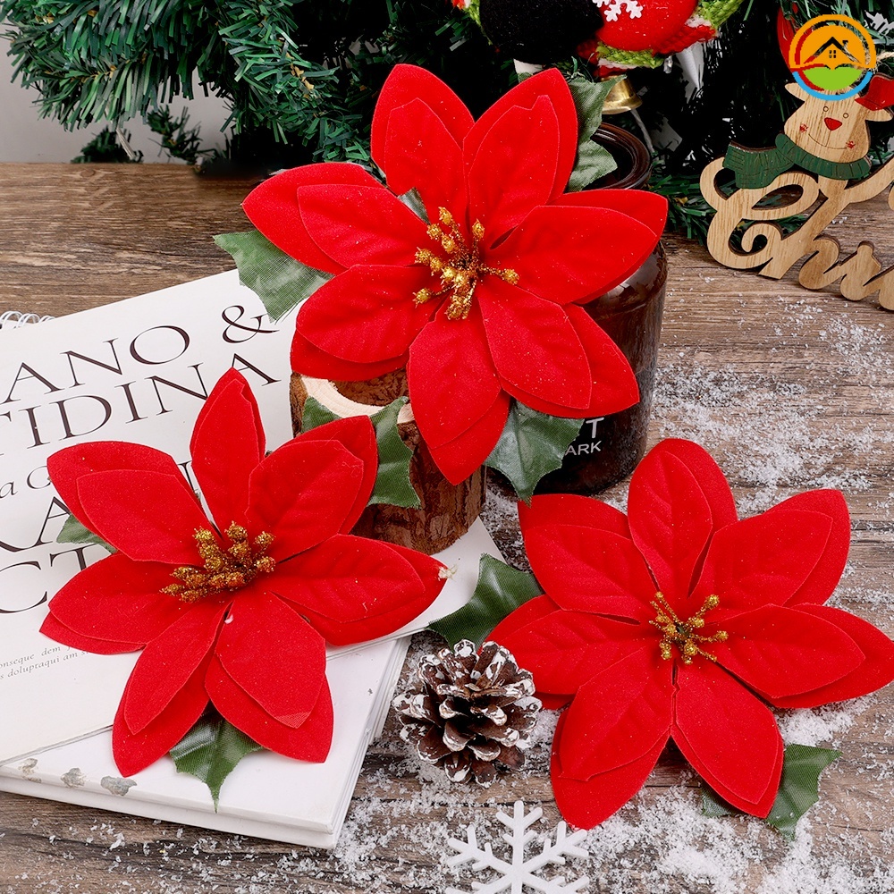 Artificial Poinsettia Christmas Flowers Decor Props / Xmas Tree Red ...