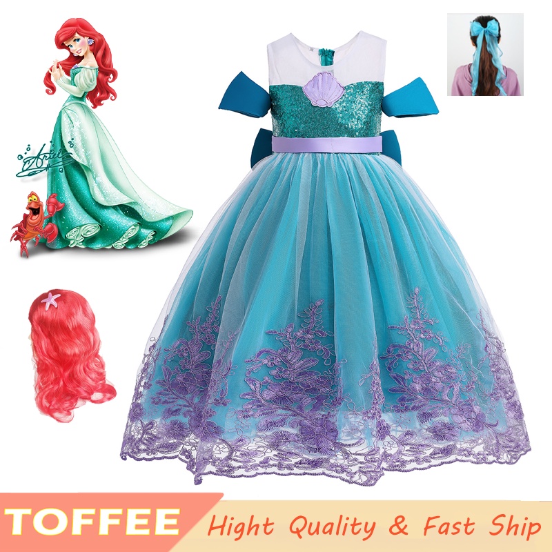 Princess Ariel Blue Dress with Wig Bow Mermaid Costume Mesh Gown For