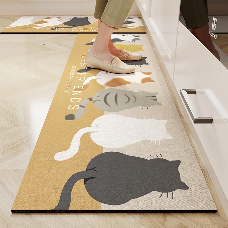 Customized Cute Cartoon Cat Kitchen Floor Mats Absorb Water Oil Quick