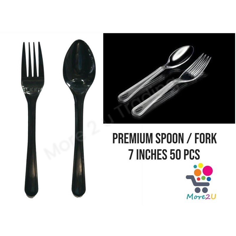 [50pcs] Premium 7" inches Disposable Plastic Spoon & Fork Black & Clear