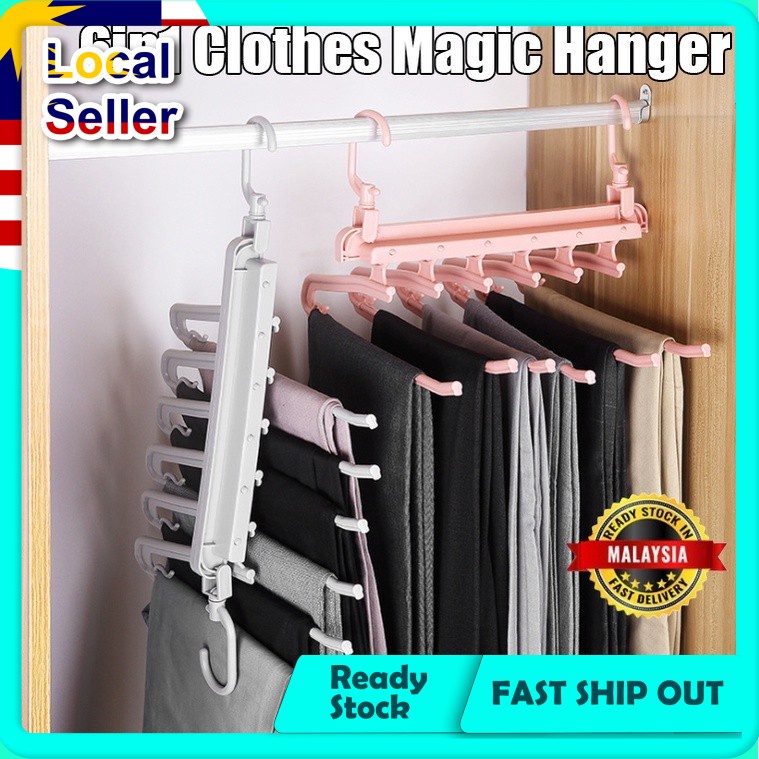 6in1 Retractable Clothes Pants Trousers Magic Hanger Rack Scarf/Tudung ...