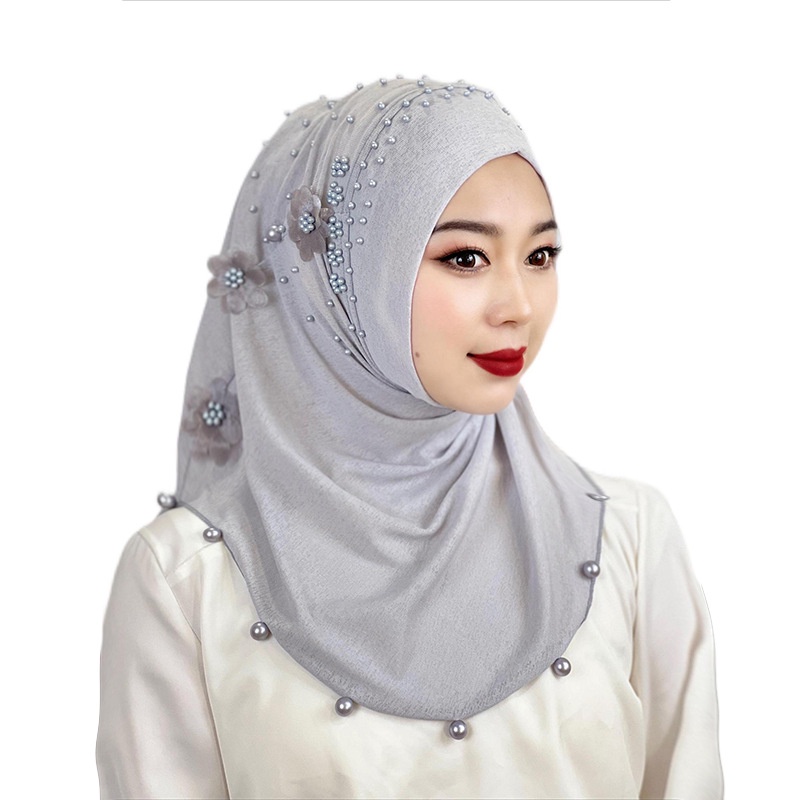 Muslim Beads Flowers Instant Hijab Scarf Plain Telekung Turban for ...