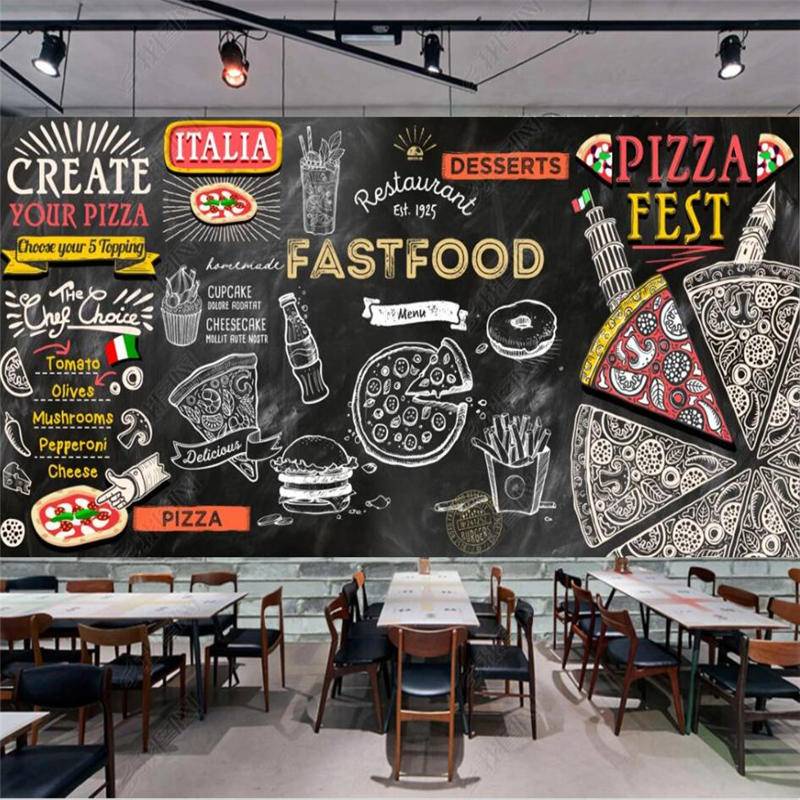 Custom Hand Paint Blackboard Fries Pizza Fast Food 3d Wall Paper For ...