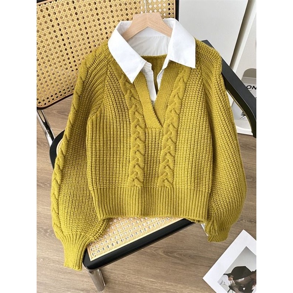 New Style Faux Two-Piece Collared Knit Sweater