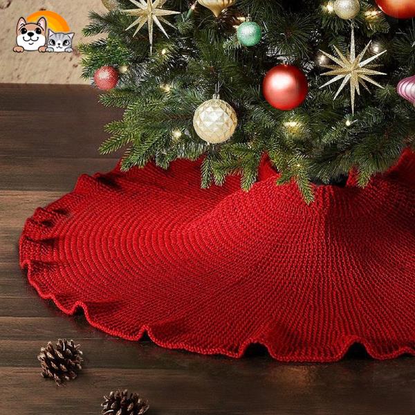 122cm Knit Christmas Tree Skirt Thick Cobweb Stitch With Oak Buttons