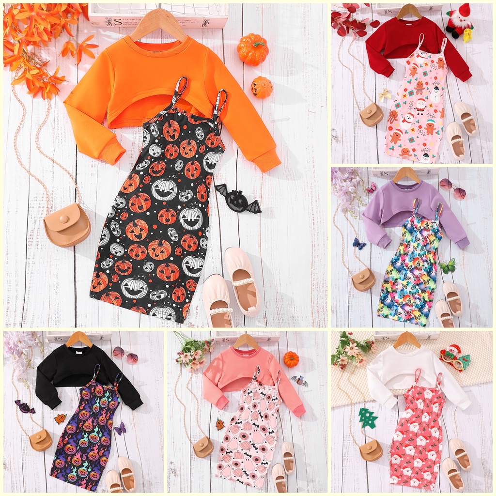 Halloween Kids Clothes Girl Suit Fashion High Waisted Top + Wrap Dress