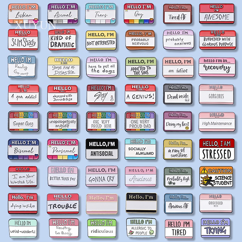 50 Styles Creative Hello I'm Text Labels Enamel Pins Famous Quotes