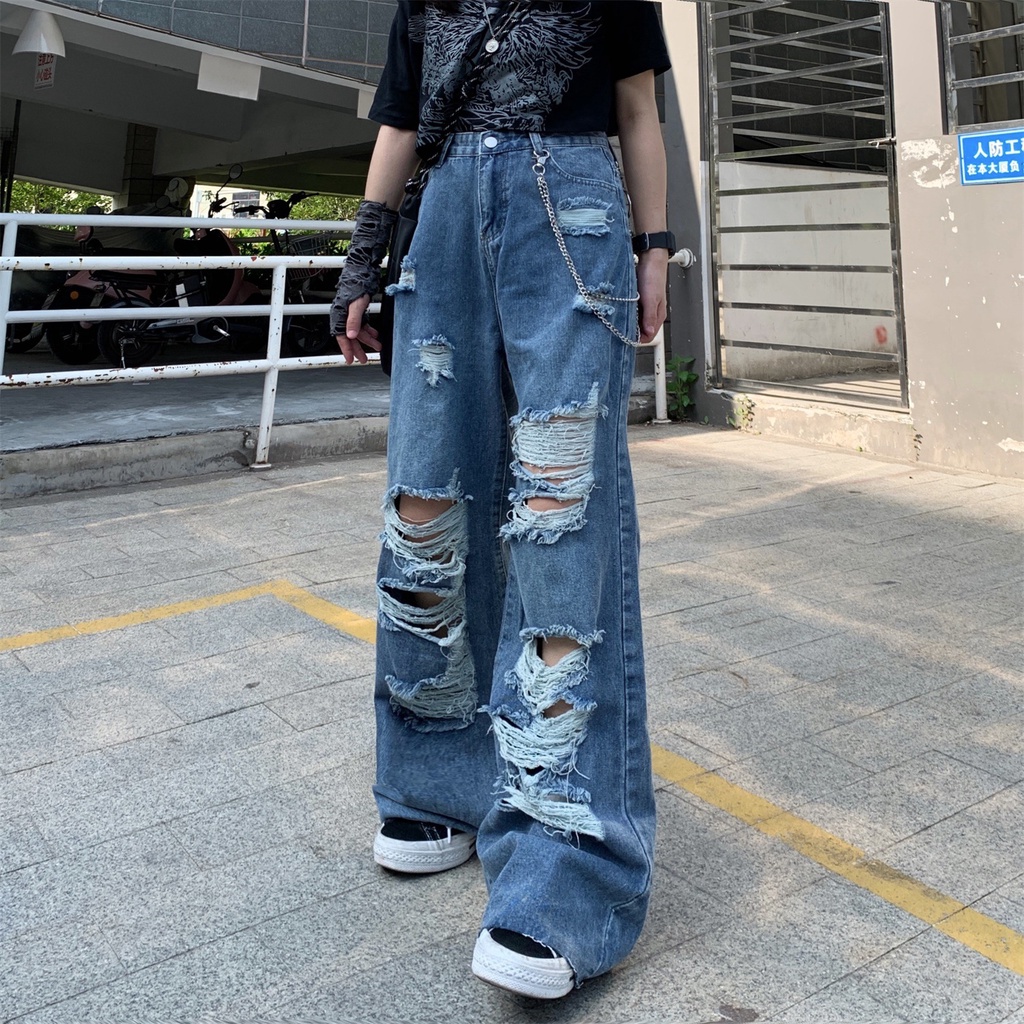 Women's Vintage Blue Ripped Jeans Baggy Denim Trousers 2000s High Waist  Korean Y2k Streetwear Female Punk Wide Leg Pants Clothes