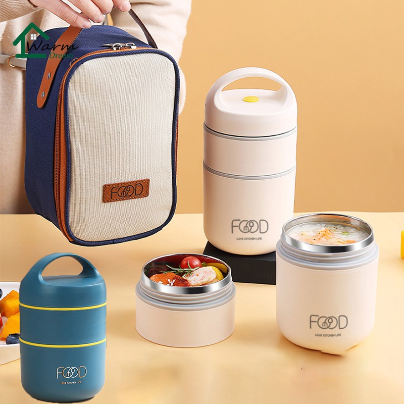 2 Layers Portable Lunch Box Insulated Food Container Breakfast Cup ...