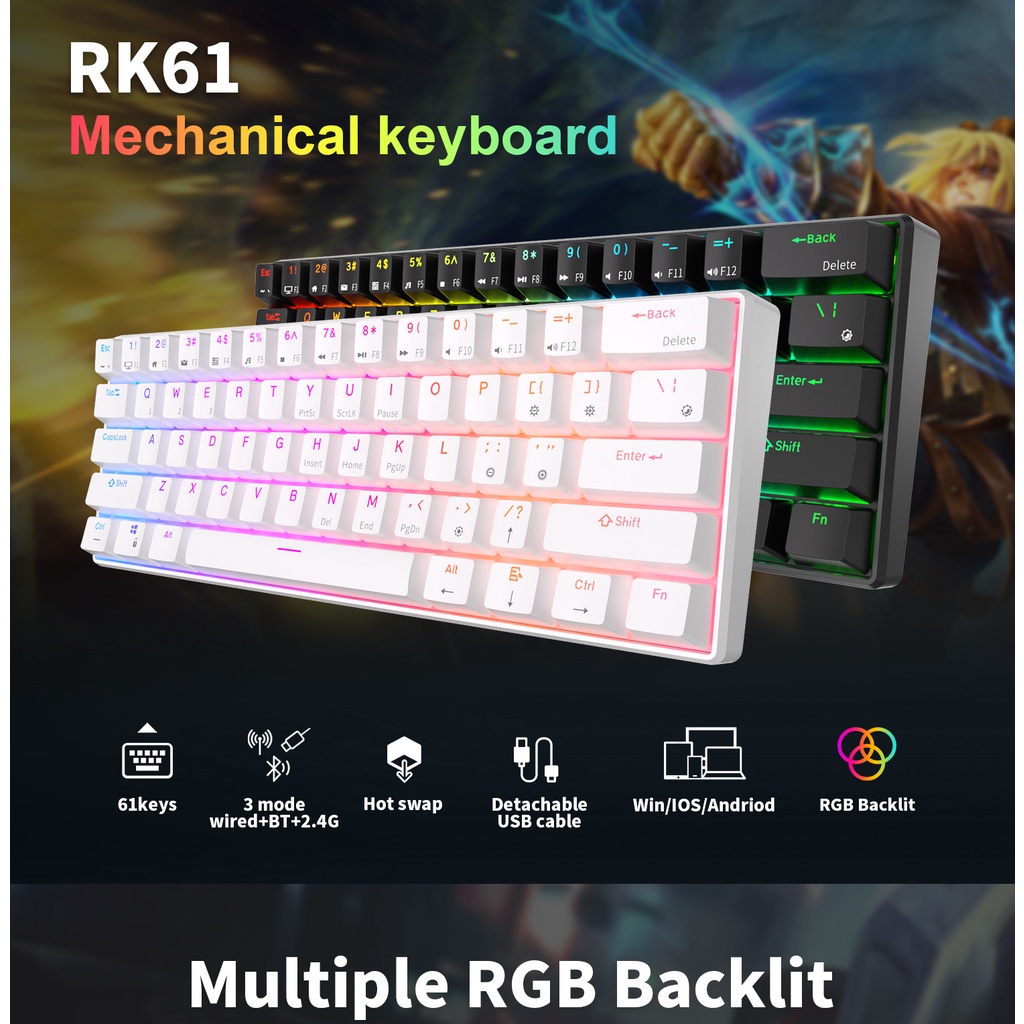 Royal Kludge RK61 Bluetooth 3.0 And USB C 2.4G Tri Mode 61Key 60% ...