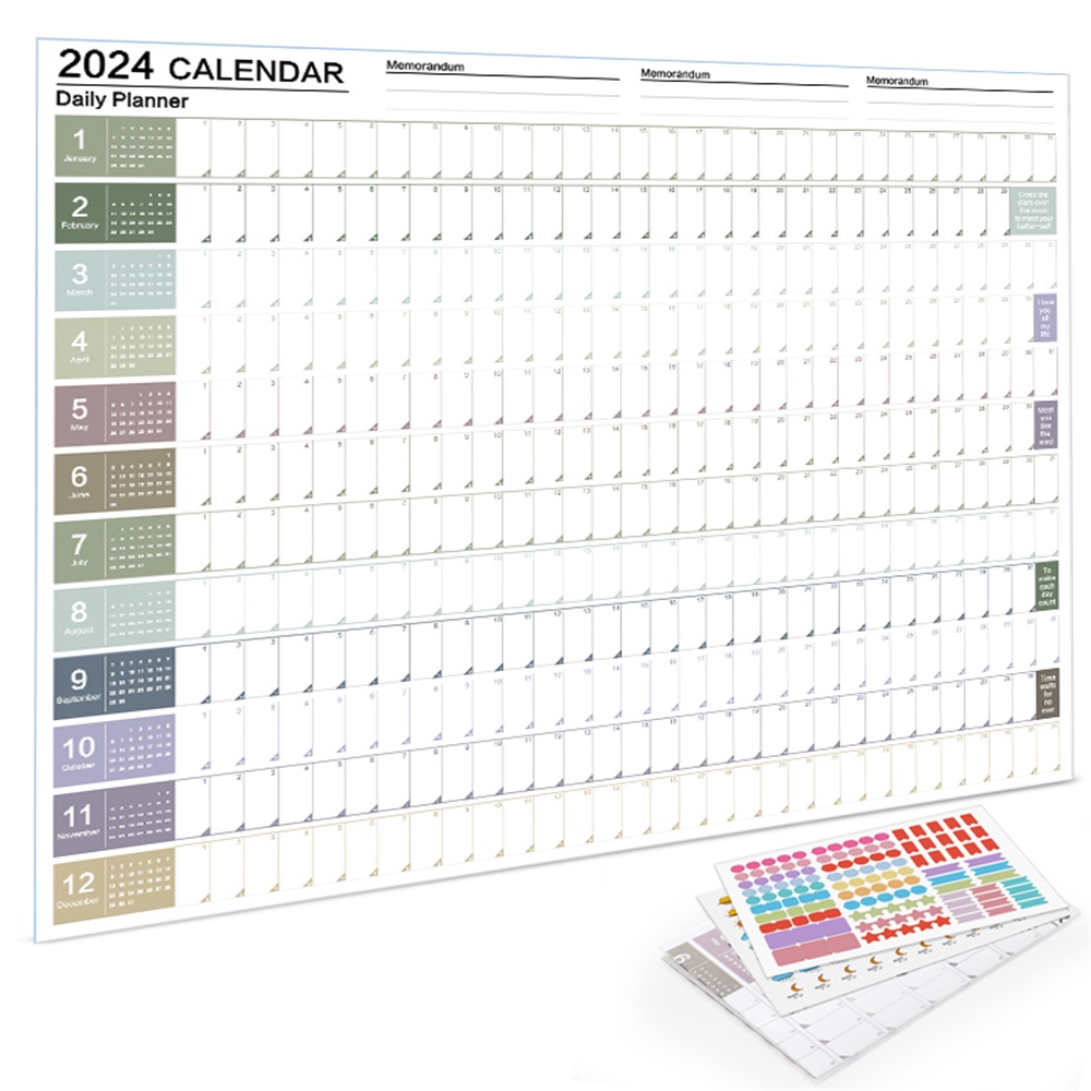 2024 Yearly Wall Calendar, Full Year Calendar One Page, Annual Year Planner Daily Plan Paper