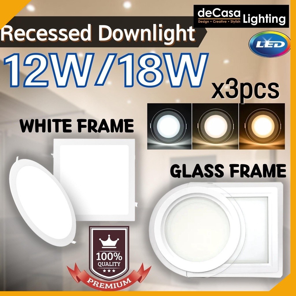 Glass LED Recessed Downlight 12W 18W Daylight CoolWhite 3 Colors