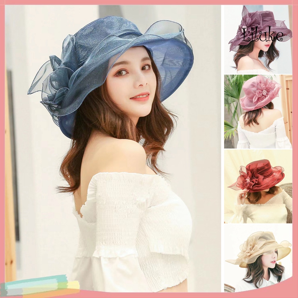 LKWomen Top Hat Elegant Organza Flower Hat Wide Brim Outdoor Beach