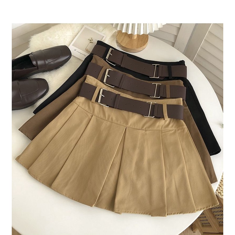 Khaki/Coffee/Black Fashion Solid Color High Waist Short Pleated Skirt