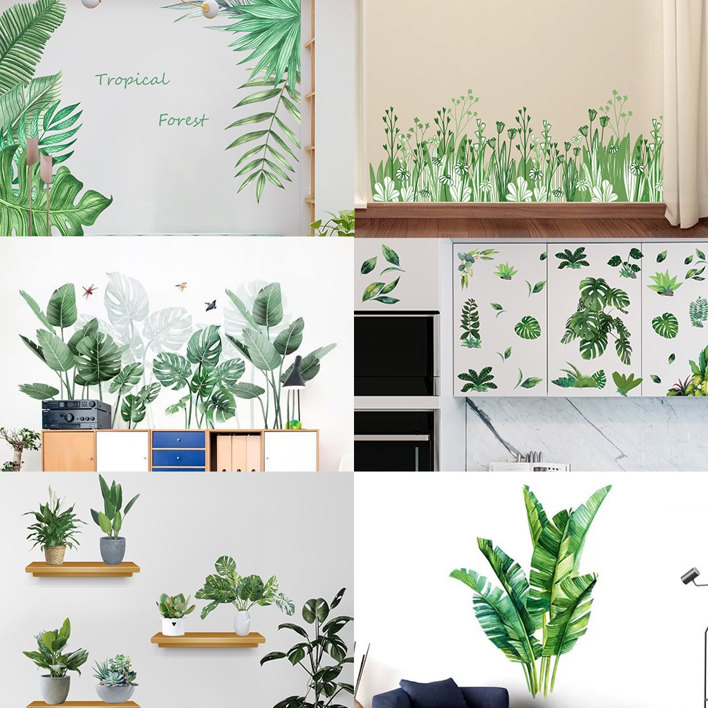 Green Leaf Green Plant Wall Stickers, Potted Plant Mural Decoration PVC