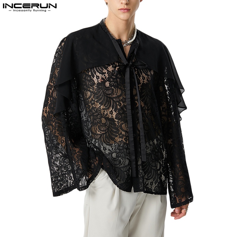 INCERUN Men Vintage Ribbon Lace See-Through Long Sleeve Shirts | Shopee ...