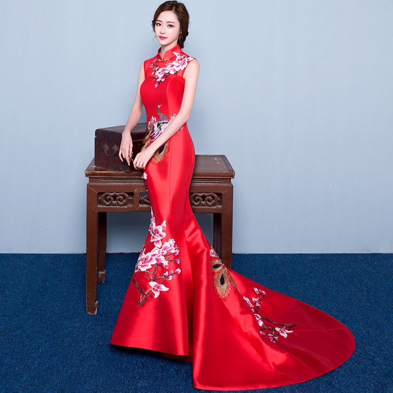 Red Peacock Embroidery Trailing Wedding Cheongsam Women Vintage Plus Size Dress Traditional Fishtail Evening Dress Show Costume Qipao S To 3XL Shopee Malaysia