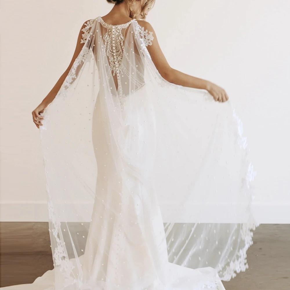 Bridal Veil Long High Quality Pearls Wedding Veil Cape With Lace