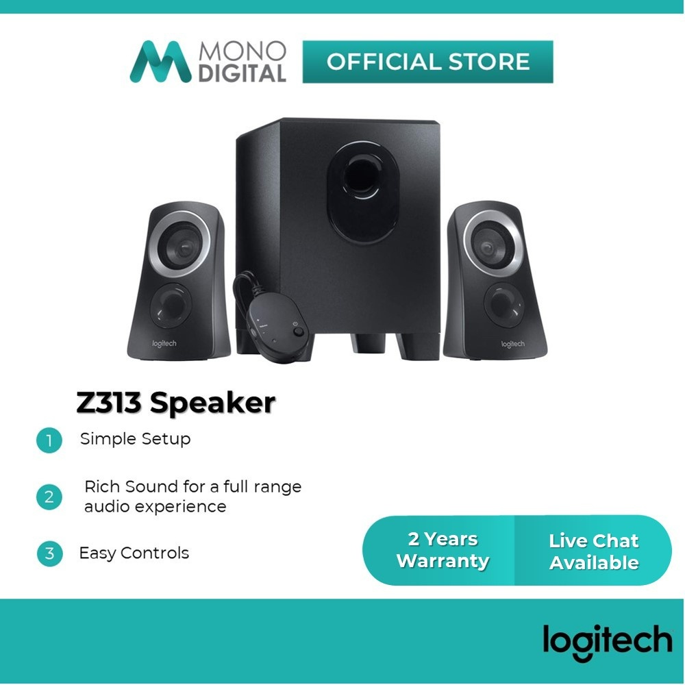 Logitech Z313 2.1 Multimedia Speaker System with Subwoofer, Full Range  Audio, 50 Watts Peak Power, Strong Bass, 3.5mm Audio Inputs,  PC/PS4/Xbox/TV/Smartphone/Tablet/Music Player - Black 