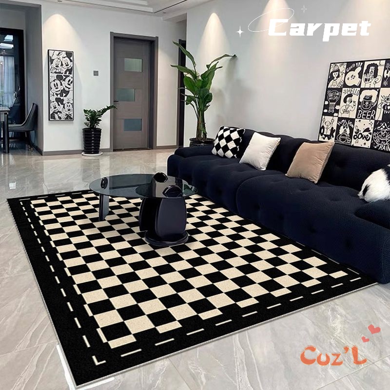 French Living Room Rug Retro Black and White Checkerboard Sofa Coffee