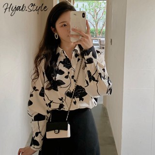 Hijab.Style Women Fashion Kemeja Wanita Casual Korean Style Long Sleeved Black Floral Pattern Shopee Malaysia