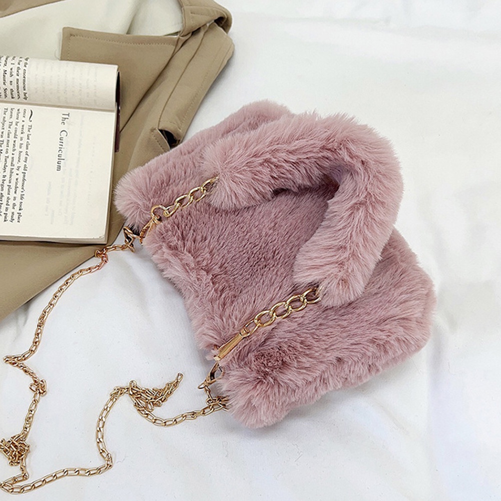 New Fashion Beige Pearl Fuzzy Fur Fluffy Square Crossbody Bag